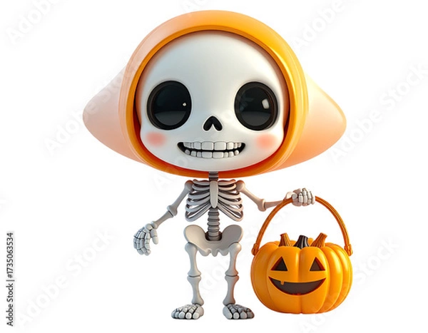 Fototapeta Cartoon Skeleton Character with Pumpkin Basket and Orange Hood on Transparent Background