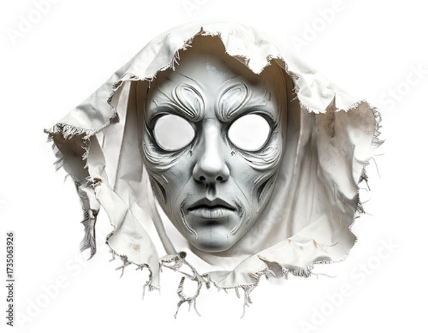 Obraz Ornate White Mask with Fabric Hood Isolated on Black Background