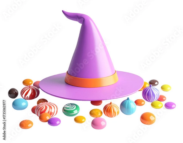 Obraz Purple Witch Hat and Colorful Candies on Black Background Festive Decoration