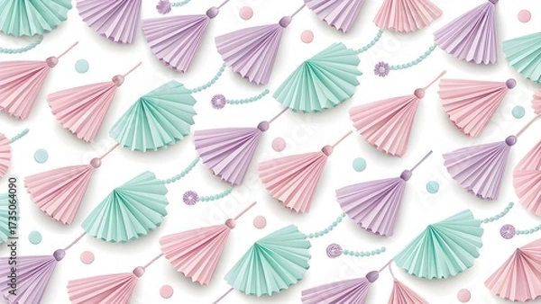 Fototapeta Pastel Tassel Fringe Pattern with Folded Paper Texture. Seamless pattern of pastel folded paper tassels and fringed edges in pink, mint, lavender—delicate decorative design.