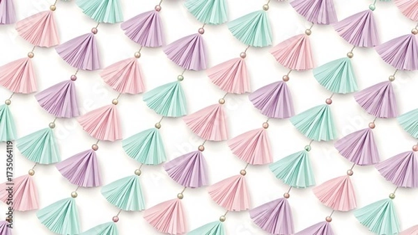 Fototapeta Pastel Tassel Fringe Pattern with Folded Paper Texture. Seamless pattern of pastel folded paper tassels and fringed edges in pink, mint, lavender—delicate decorative design.