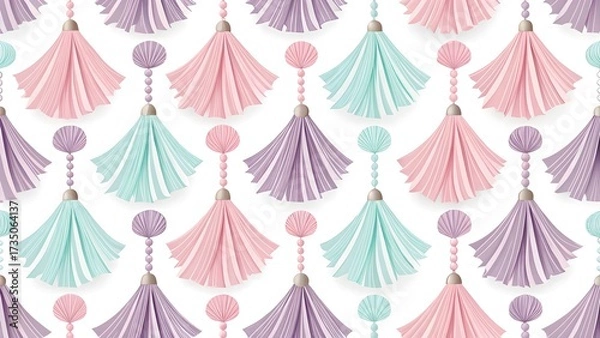 Fototapeta Pastel Tassel Fringe Pattern with Folded Paper Texture. Seamless pattern of pastel folded paper tassels and fringed edges in pink, mint, lavender—delicate decorative design.