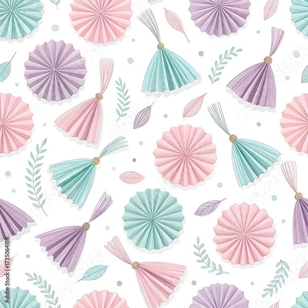 Fototapeta Pastel Tassel Fringe Pattern with Folded Paper Texture. Seamless pattern of pastel folded paper tassels and fringed edges in pink, mint, lavender—delicate decorative design.