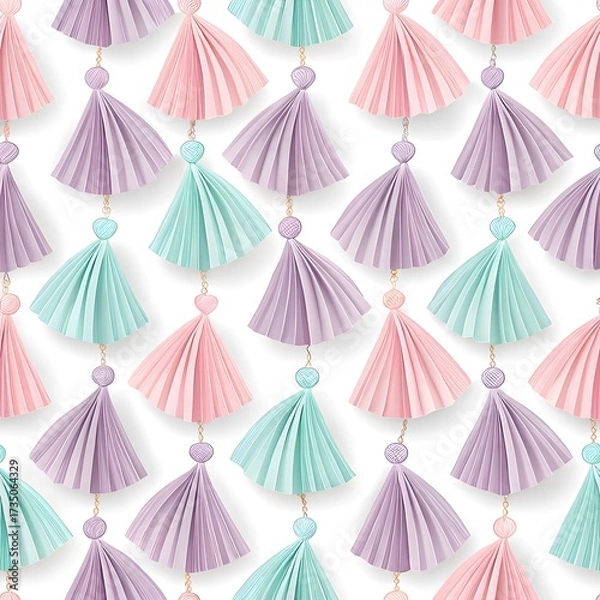 Fototapeta Pastel Tassel Fringe Pattern with Folded Paper Texture. Seamless pattern of pastel folded paper tassels and fringed edges in pink, mint, lavender—delicate decorative design.