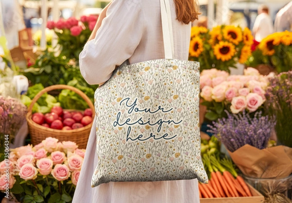 Fototapeta Woman with a blank tote bag shopping for flowers at an outdoor market.