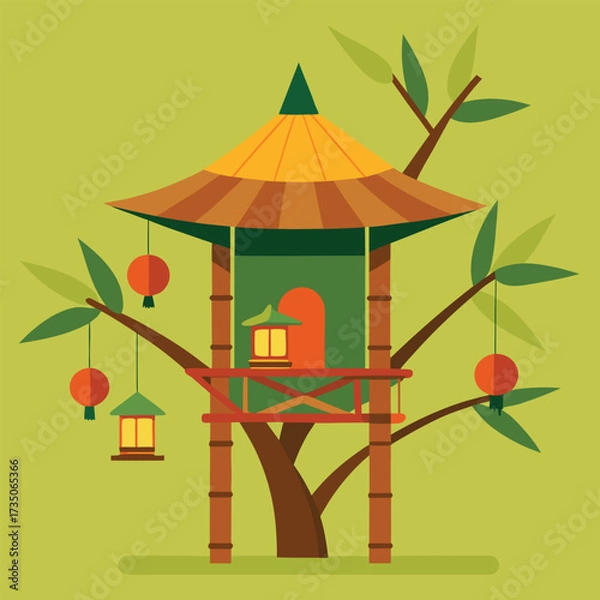 Fototapeta A cozy tree house adorned with glowing lanterns and a sloped roof, nestled among lush green foliage.