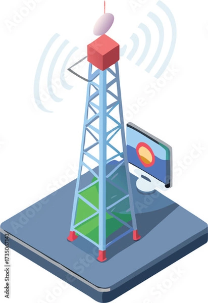 Fototapeta Illustration of a cell tower beside a smartphone, symbolizing mobile communication technology and connectivity.