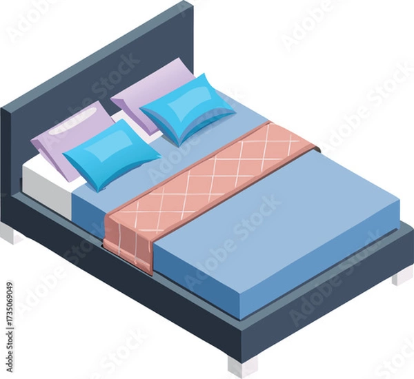 Fototapeta Isometric vector illustration of a bed, showcasing its design and structure from a three-dimensional perspective.