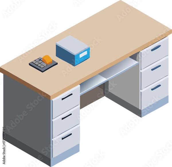 Fototapeta Isometric view of an office desk featuring a calculator and a storage box, emphasizing a tidy workspace.