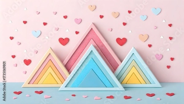 Fototapeta Layered Pastel Triangles with Heart Confetti. Playful paper-cut layered triangles in pastel tones sprinkled with tiny heart confetti—whimsical pattern.