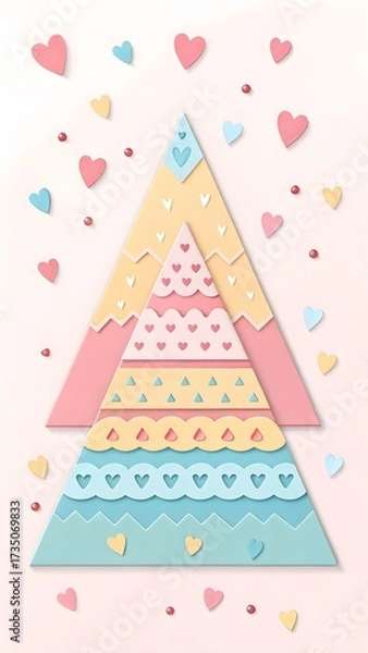 Fototapeta Layered Pastel Triangles with Heart Confetti. Playful paper-cut layered triangles in pastel tones sprinkled with tiny heart confetti—whimsical pattern.