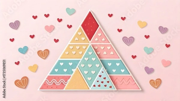 Fototapeta Layered Pastel Triangles with Heart Confetti. Playful paper-cut layered triangles in pastel tones sprinkled with tiny heart confetti—whimsical pattern.