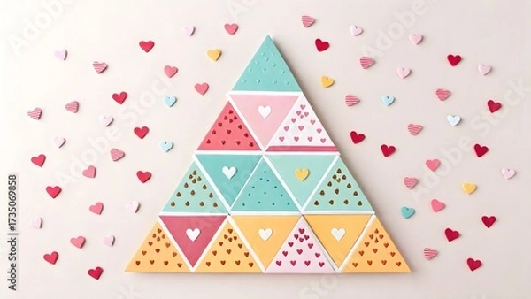 Fototapeta Layered Pastel Triangles with Heart Confetti. Playful paper-cut layered triangles in pastel tones sprinkled with tiny heart confetti—whimsical pattern.