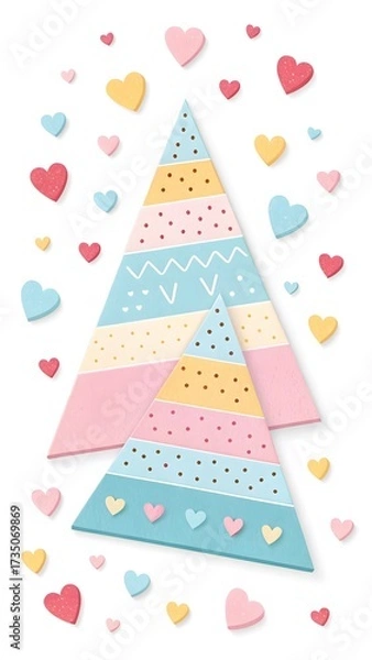 Fototapeta Layered Pastel Triangles with Heart Confetti. Playful paper-cut layered triangles in pastel tones sprinkled with tiny heart confetti—whimsical pattern.