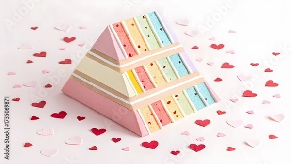 Fototapeta Layered Pastel Triangles with Heart Confetti. Playful paper-cut layered triangles in pastel tones sprinkled with tiny heart confetti—whimsical pattern.