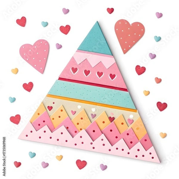 Fototapeta Layered Pastel Triangles with Heart Confetti. Playful paper-cut layered triangles in pastel tones sprinkled with tiny heart confetti—whimsical pattern.