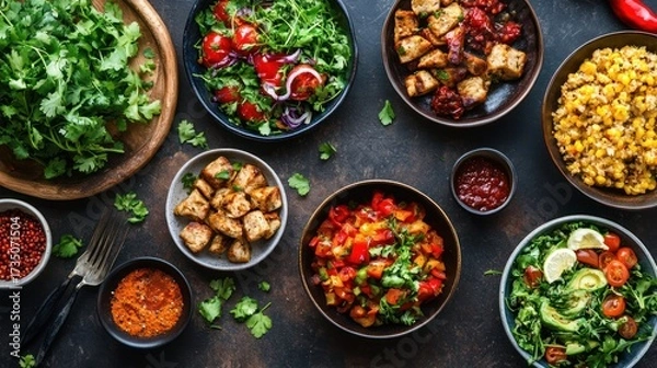 Fototapeta Exquisite selection of flavorful vegetarian dishes displayed on a rustic surface
