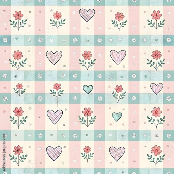 Fototapeta Pastel Gingham with Micro Heart Pattern. Seamless gingham check pattern in pastel colors with micro heart motifs alternating in squares.