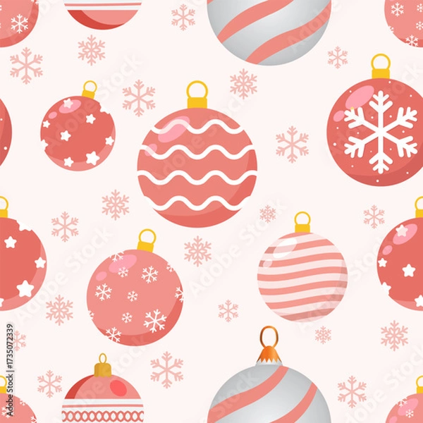 Fototapeta Peach and pink Christmas ball seamless pattern with snowflakes, festive holiday ornament design, cute pastel background for wrapping paper, wallpaper, and fabric