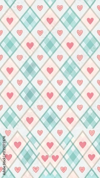 Fototapeta Pastel Gingham with Micro Heart Pattern. Seamless gingham check pattern in pastel colors with micro heart motifs alternating in squares.