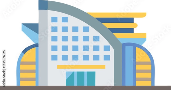 Fototapeta A building featuring a bright yellow roof and multiple windows, set against a clear sky.

