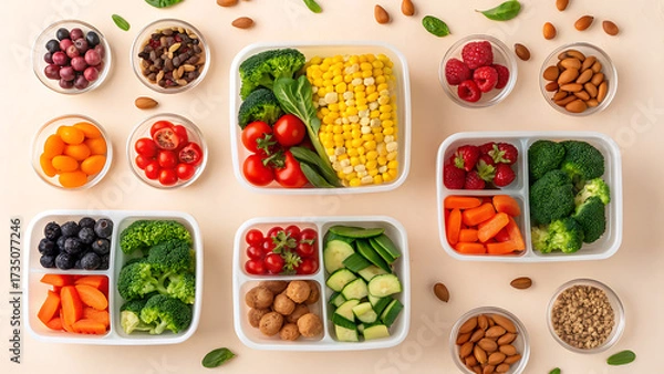 Fototapeta Healthy meal prep containers filled with fresh fruits vegetables nuts and grains