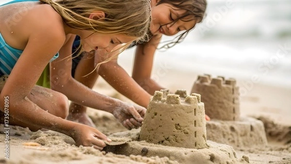 Fototapeta Siblings Building Sandcastle, Wet Hands Close-Up. Close focus on siblings building sandcastle; wet hands, natural textures, childlike joy by the sea.