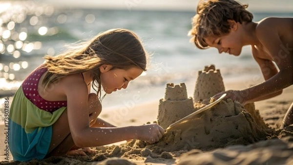 Fototapeta Siblings Building Sandcastle, Wet Hands Close-Up. Close focus on siblings building sandcastle; wet hands, natural textures, childlike joy by the sea.