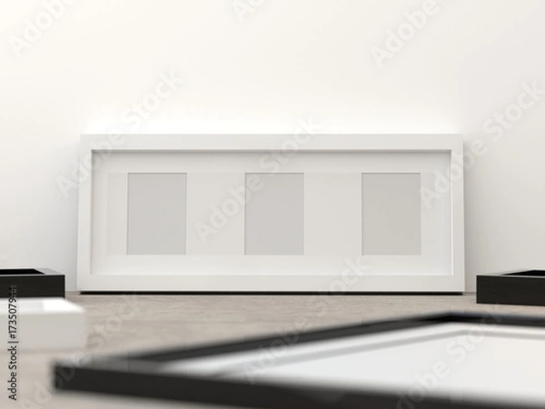 Fototapeta Blank picture frame templates in a living room wall, 3D render