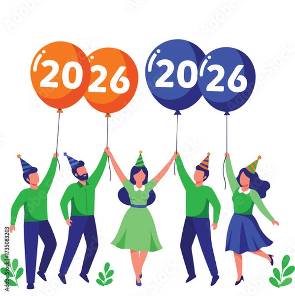Obraz Happy New Year 2026 Celebration with People Holding Balloons a Festive Party vactor art 
