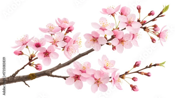 Fototapeta Fresh bright pink cherry blossom flowers on a tree branch in spring, sakura springtime season, isolated against a transparent background.
