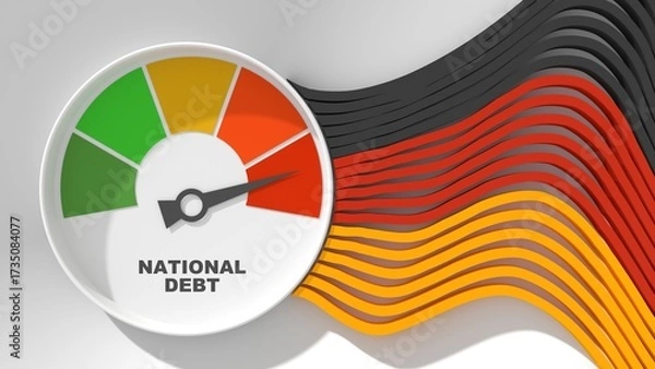 Fototapeta National debt meter read high level of national debt result. Color scale with arrow from green to red. The measuring device. Colorful infographic gauge element. National flag of Germany. 3D render