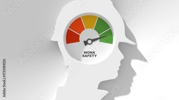 Fototapeta Work safety level scale with arrow inside head of confident construction manager wearing hardhat. The measuring device. Project management, engineering and safety inspection. 3D render