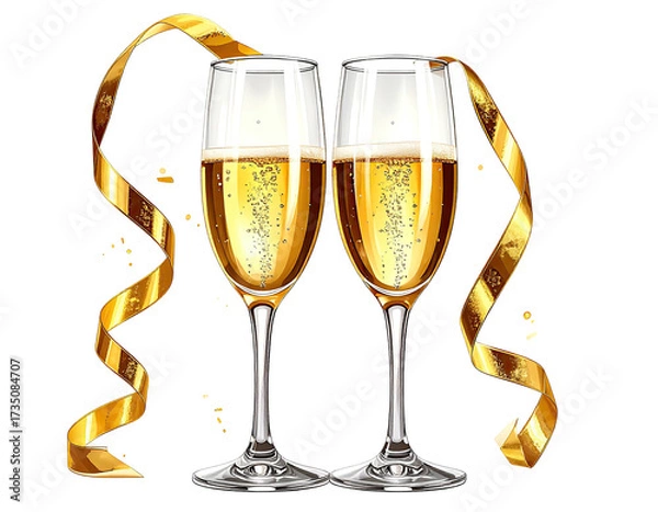 Fototapeta Two champagne flutes clinking, filled with bubbles, gold ribbons