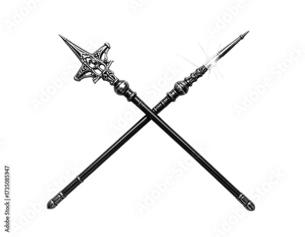 Fototapeta Two ornate weapons with star-shaped tips, crossed against a black background