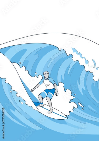 Fototapeta Flat Vector Illustration of a Surfer Riding a Big Wave