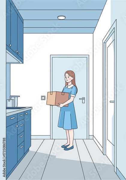 Fototapeta Flat Vector Illustration of Woman Holding Delivery Box