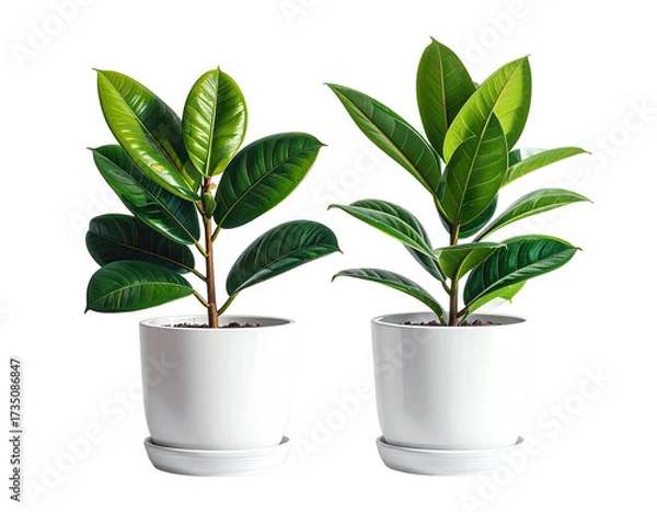 Fototapeta Two potted plants with large, shiny green leaves, isolated on a black background