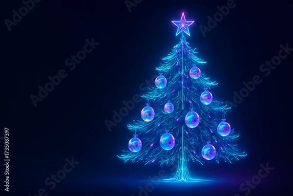 Fototapeta Cyberpunk Christmas tree glowing neon light futuristic style with ornaments and star, festive joyful mood