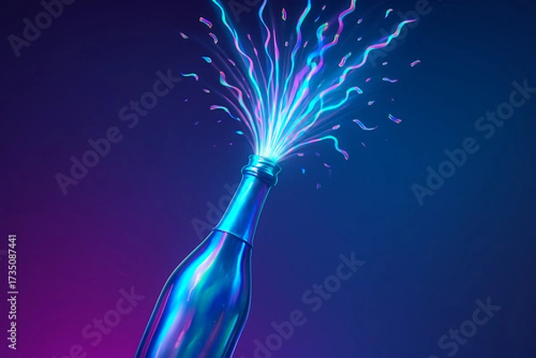 Fototapeta Futuristic champagne celebration, simple composition, glowing bottle, vibrant color, sparkling, party, festive
