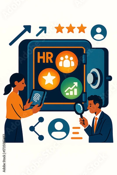 Fototapeta HR vault illustration business security data people growth analysis teamwork success fingerprint magnifying chart icon office