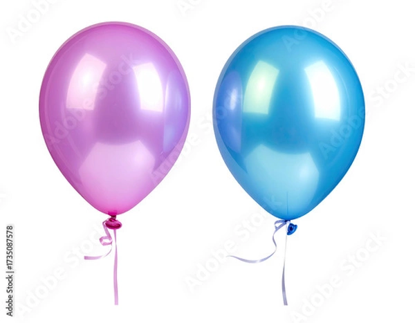 Fototapeta Two shiny, floating balloons; one pink, one blue, with tied ribbons