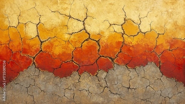Obraz An abstract painting in intense orange and red, showing heat waves rising from cracked, dry earth.
