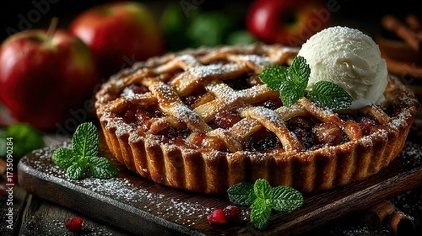 Fototapeta Apple pie with lattice crust and ice cream on a wooden board.
