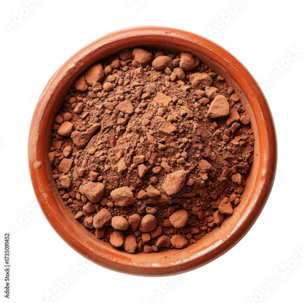 Fototapeta Rustic terracotta bowl filled with rich, earthy red clay granules and small rocks isolated on white background