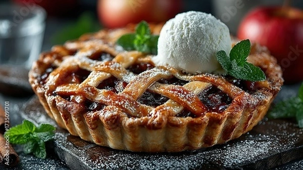 Fototapeta Apple pie with lattice crust topped with ice cream and mint leaves.