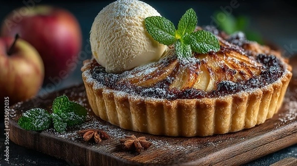 Fototapeta Apple tart with ice cream and mint on a wooden board with apples.