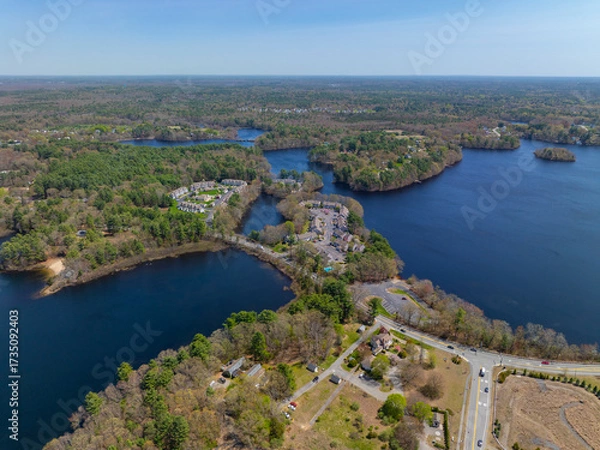 Fototapeta Watson Pond and Lake Sabbatia aerial view in spring in Watson Pond State Park in city of Taunton, Bristol County, Massachusetts MA, USA. 