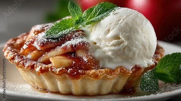 Fototapeta Apple tart with ice cream and mint garnish on a plate.