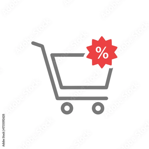 Fototapeta Minimalist Vector Icon of a Gray Shopping Cart with a Red Sale Percentage Symbol for E commerce Discounts